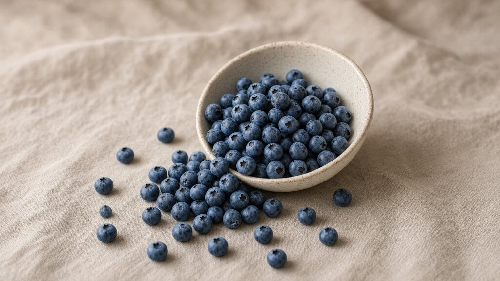 Fresh blueberries spilling out of a ceramic bowl onto a linen surface