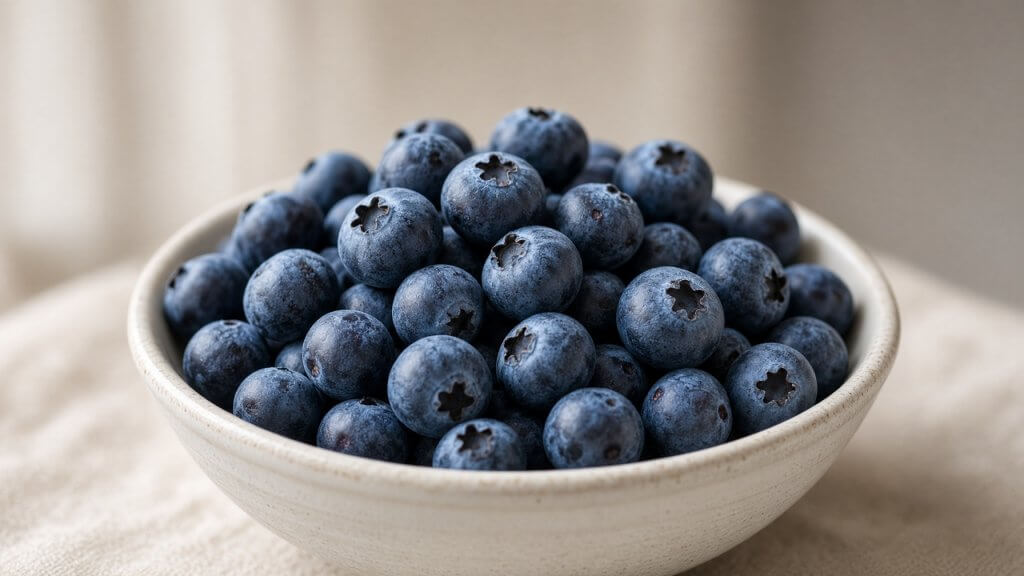 A bowl of fresh, plump blueberries