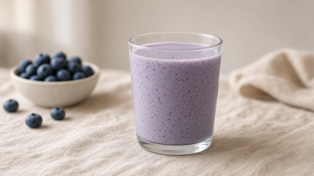 A blueberry smoothie in a glass beside a small bowl of blueberries